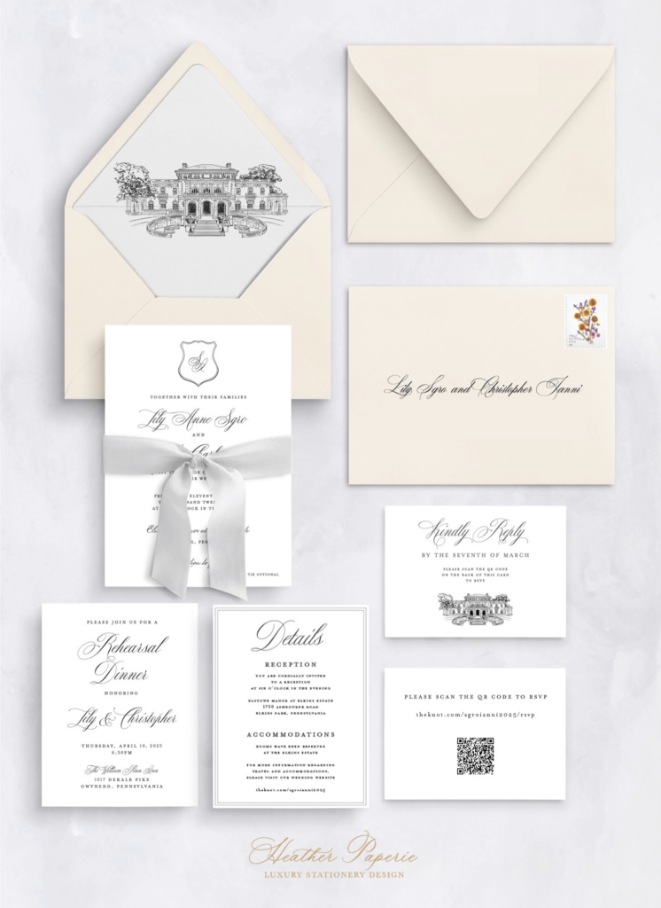 Timeless Elkins Estate wedding invitation suite design option 1