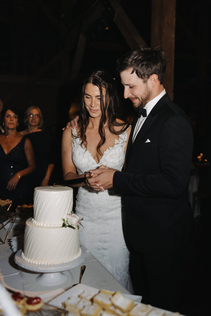 Bride and groom cut their simple, white two-tier cake