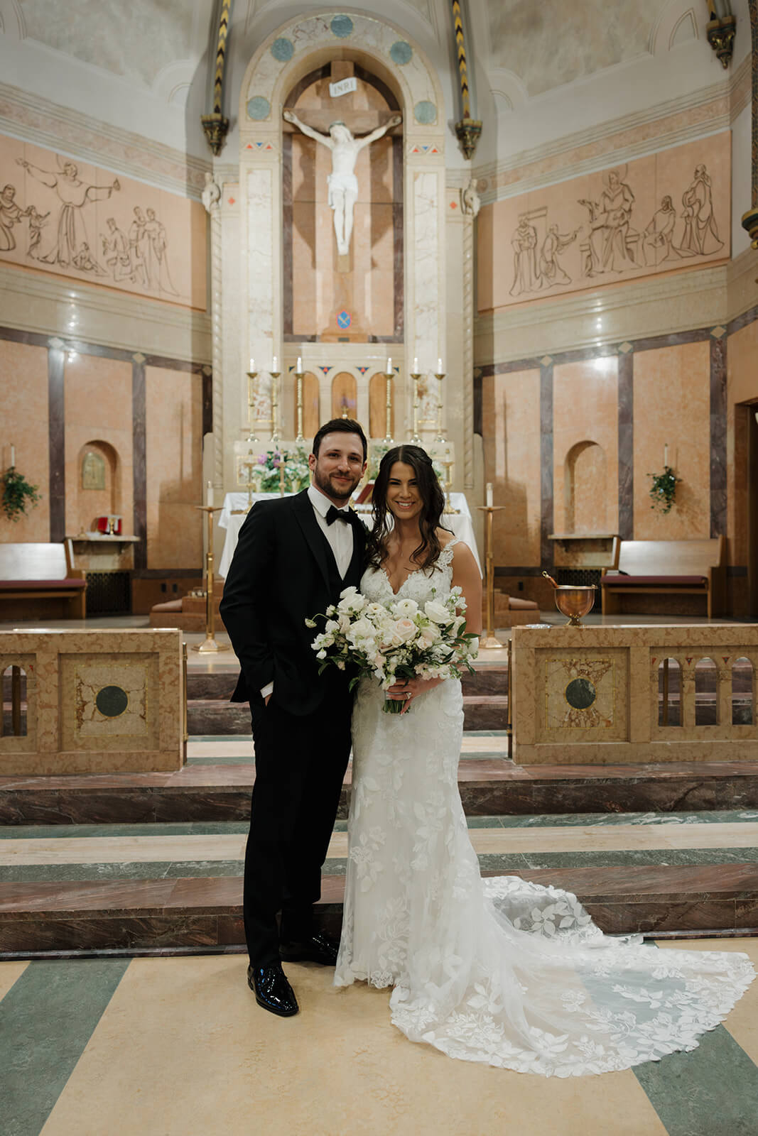 Bride and groom portrait after wedding ceremony in church