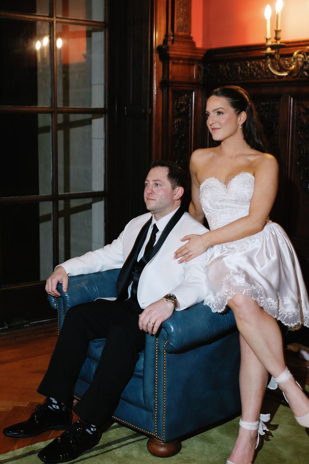 Bride and groom portrait wearing second looks for wedding reception