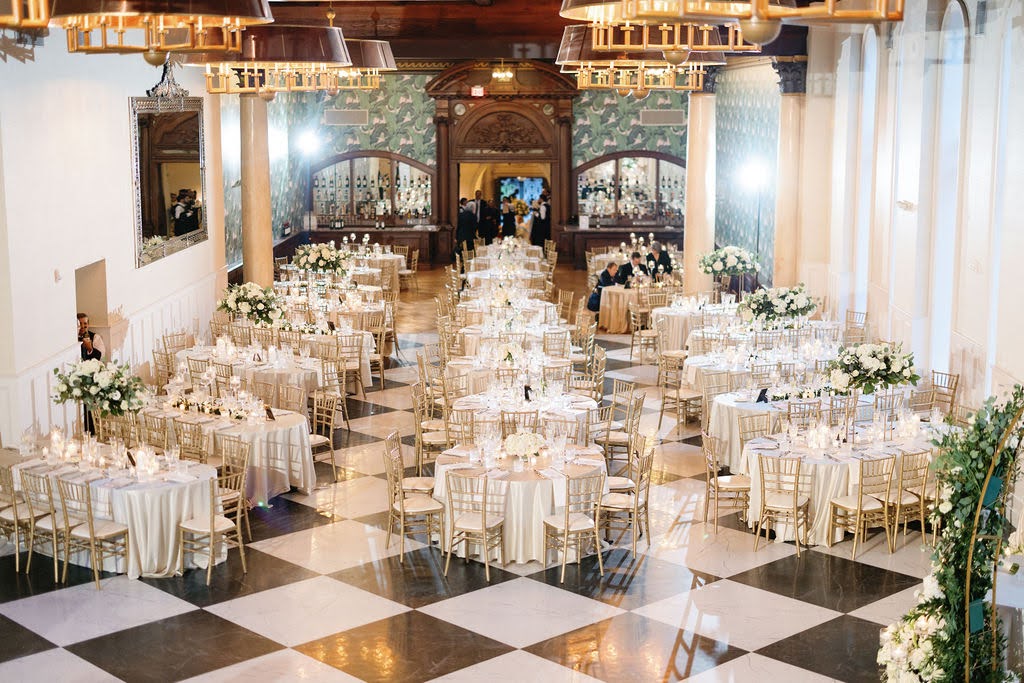 Elegant white and gold ballroom wedding reception at Elkins Estate