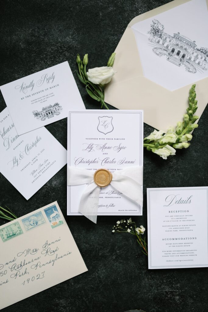 Timeless Elkins Estate wedding invitation suite with silk ribbon and gold wax seal