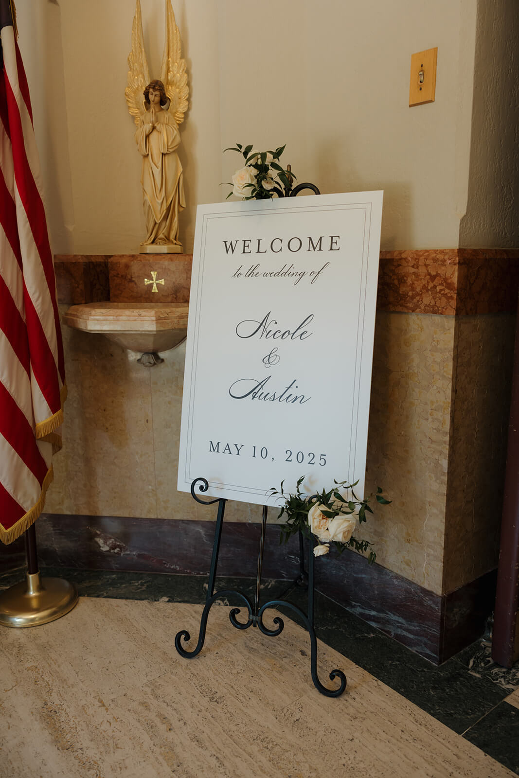 Wedding ceremony welcome sign on easel