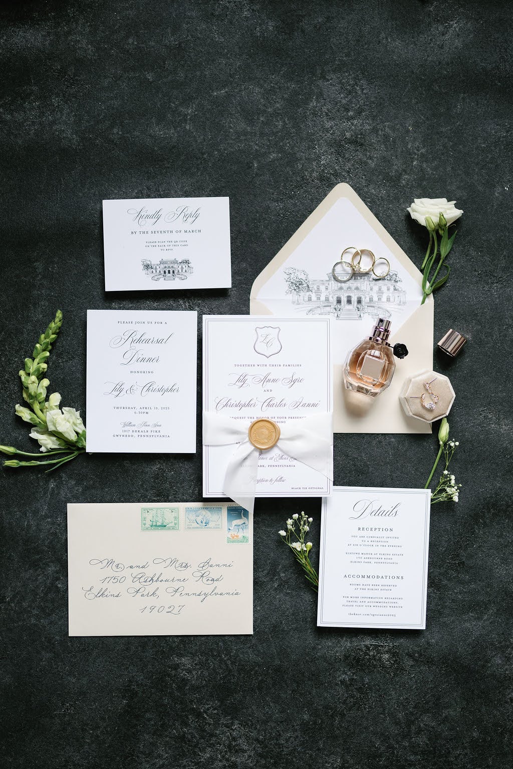 Timeless Elkins Estate wedding invitation suite featuring wedding venue envelope liner illustration