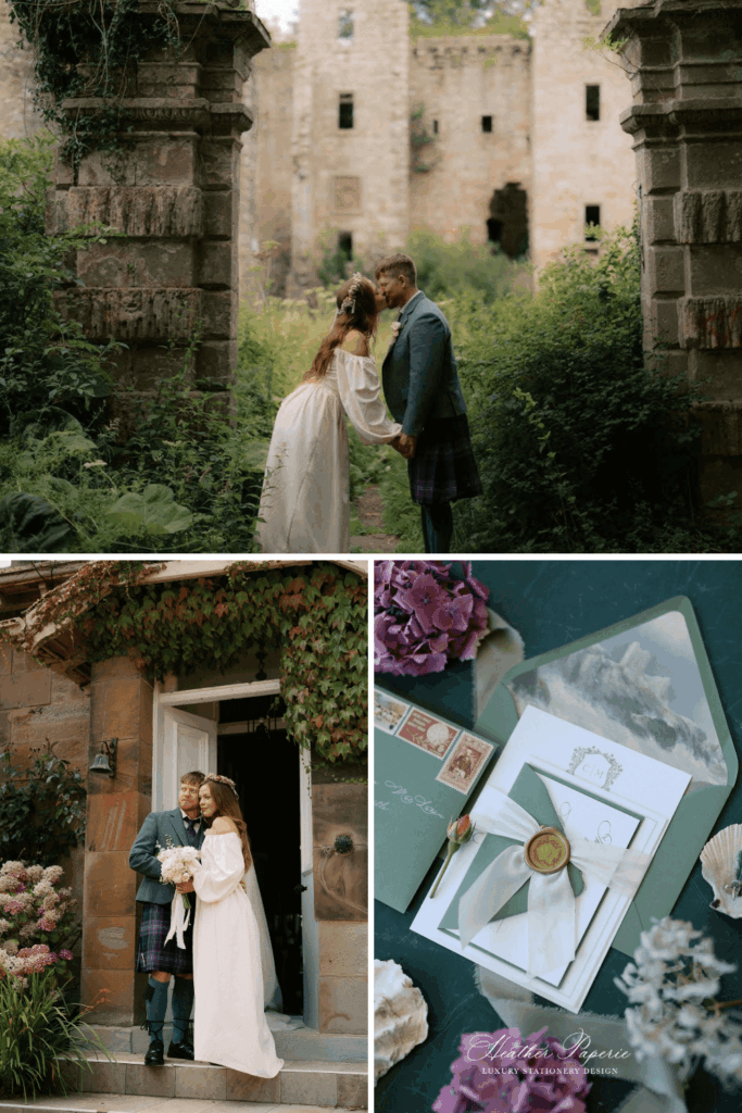 Images of a couple and elegant wedding stationery from their romantic Scotland elopement