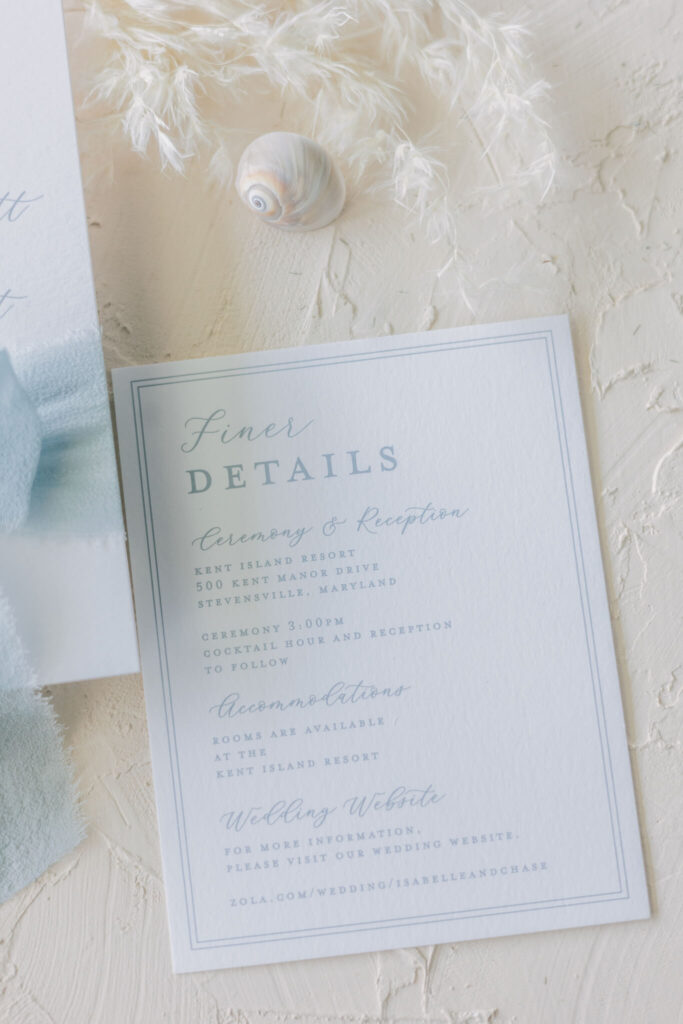 Classic white and blue wedding invitation details card