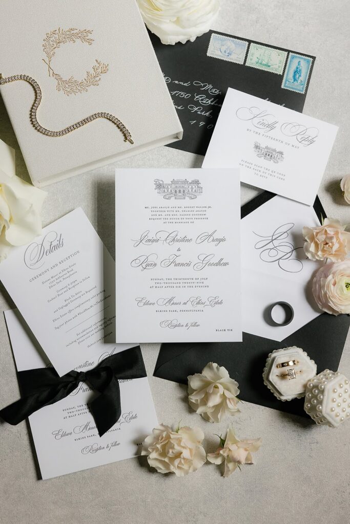 Classic black and white letterpress wedding invitations for a black tie wedding