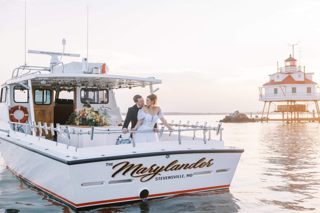 Bride and groom cruise around the Chesapeake Bay on The Marylander