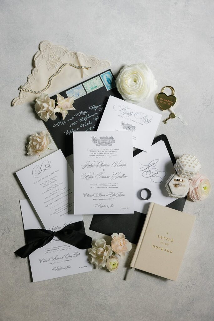 Classic black and white letterpress wedding invitation suite for a black tie wedding at Elkins Estate