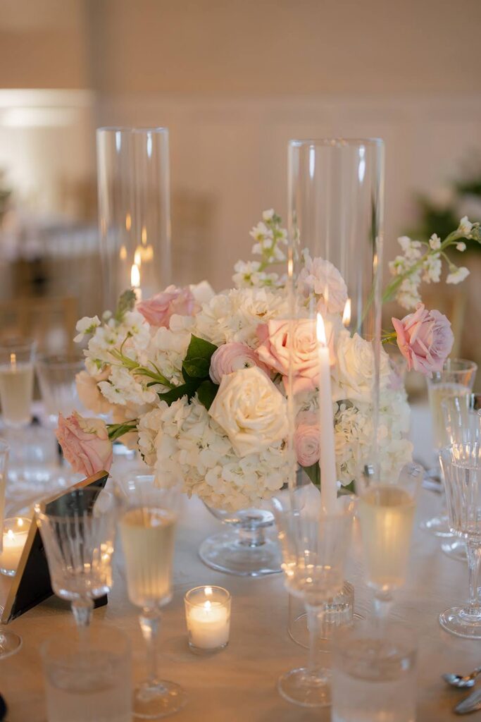 Romantic candlelit table at an Elkins Estate wedding reception