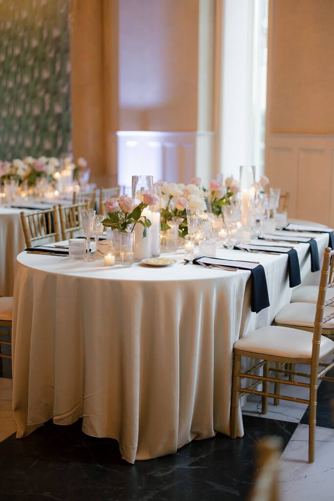 Elegant tablescape at a black tie wedding at Elkins Estate