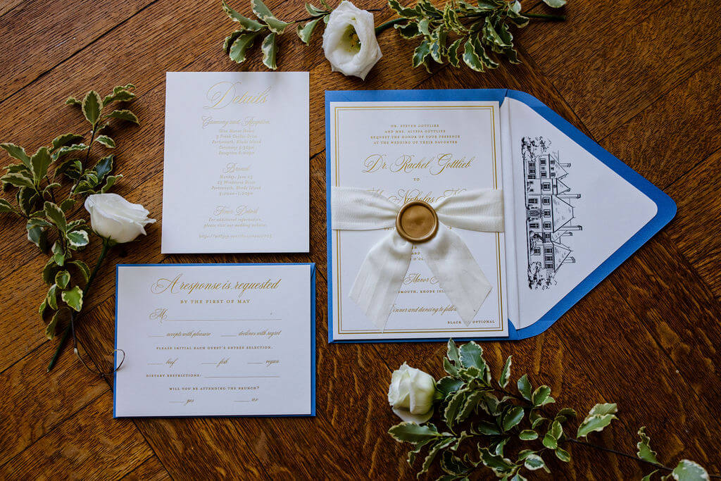 Elegant white and blue wedding invitation suite for a summer wedding at Glen Manor House