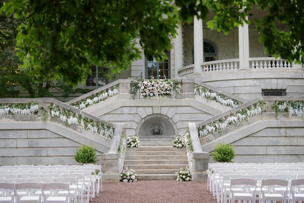 Summer wedding ceremony setup at Elkins Estate