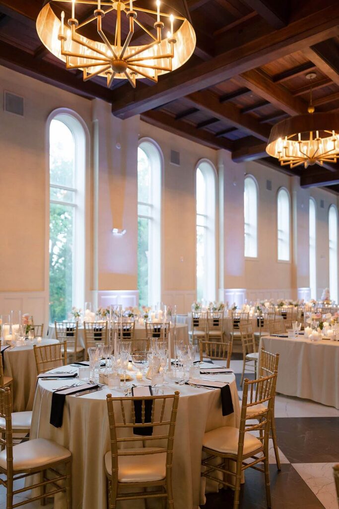 Elegant black tie wedding reception at Elkins Estate