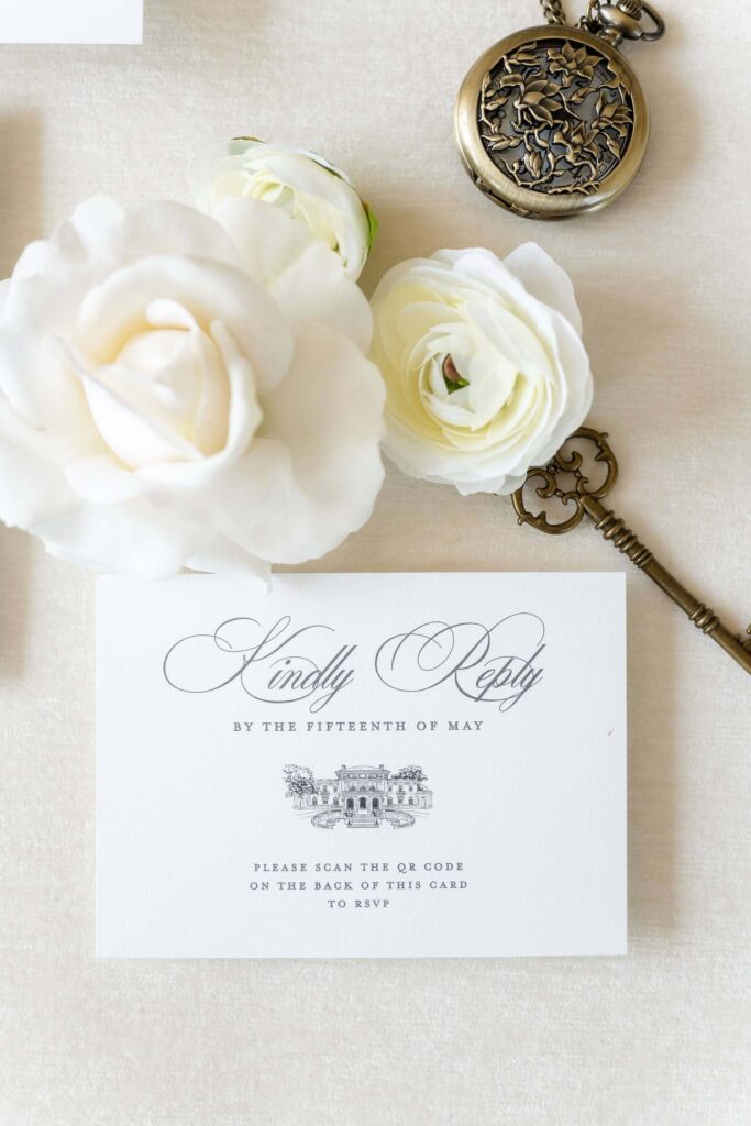 Elegant wedding invitation response card with formal script font and a venue illustration of Elkins Estate