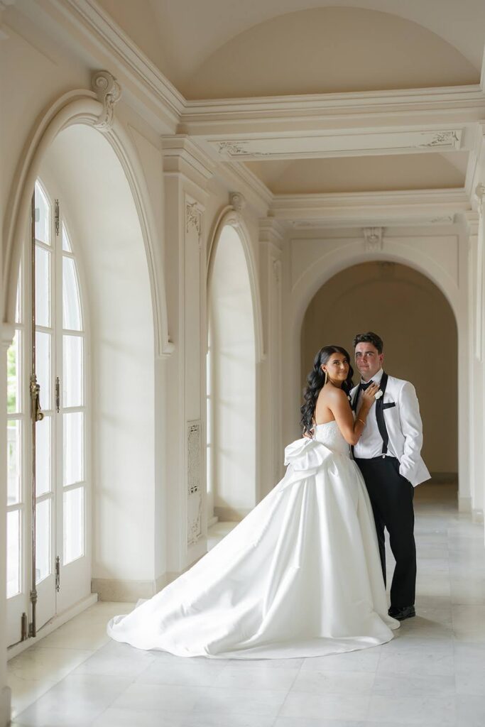 Wedding day portrait in the marble halls of Elkins Estate