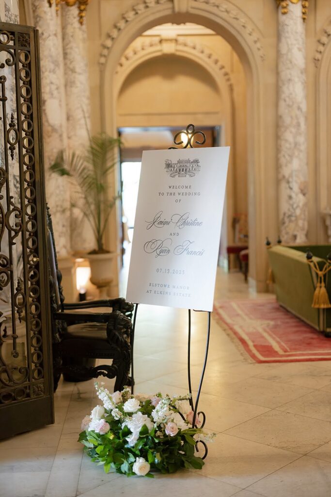 Wedding reception welcome sign greeting guests at Elkins Estate