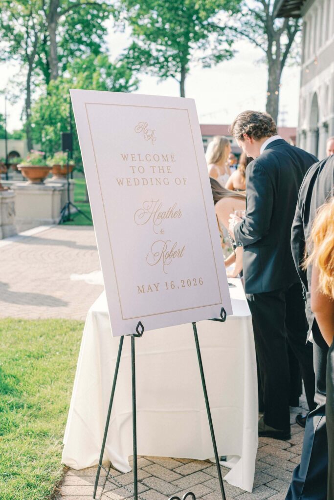 Elegant white and gold wedding welcome sign