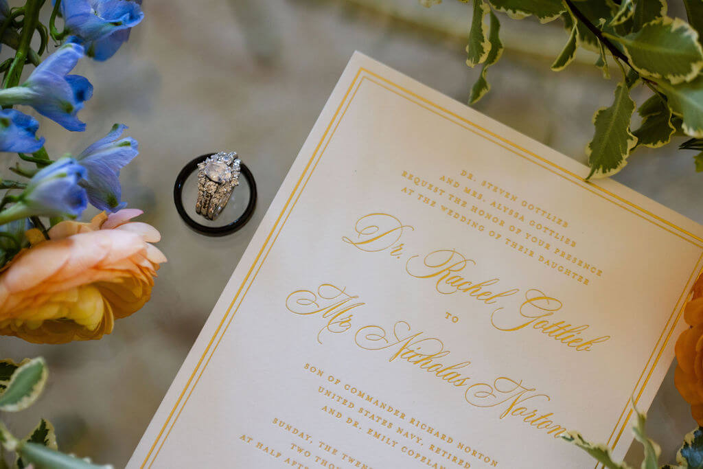 Formal white and gold foil press wedding invitation card