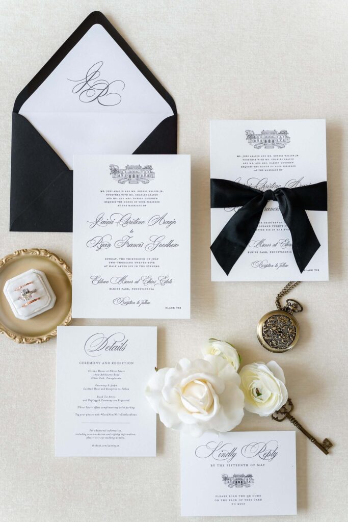 Custom black and white letterpress wedding invitation suite with black silk ribbon