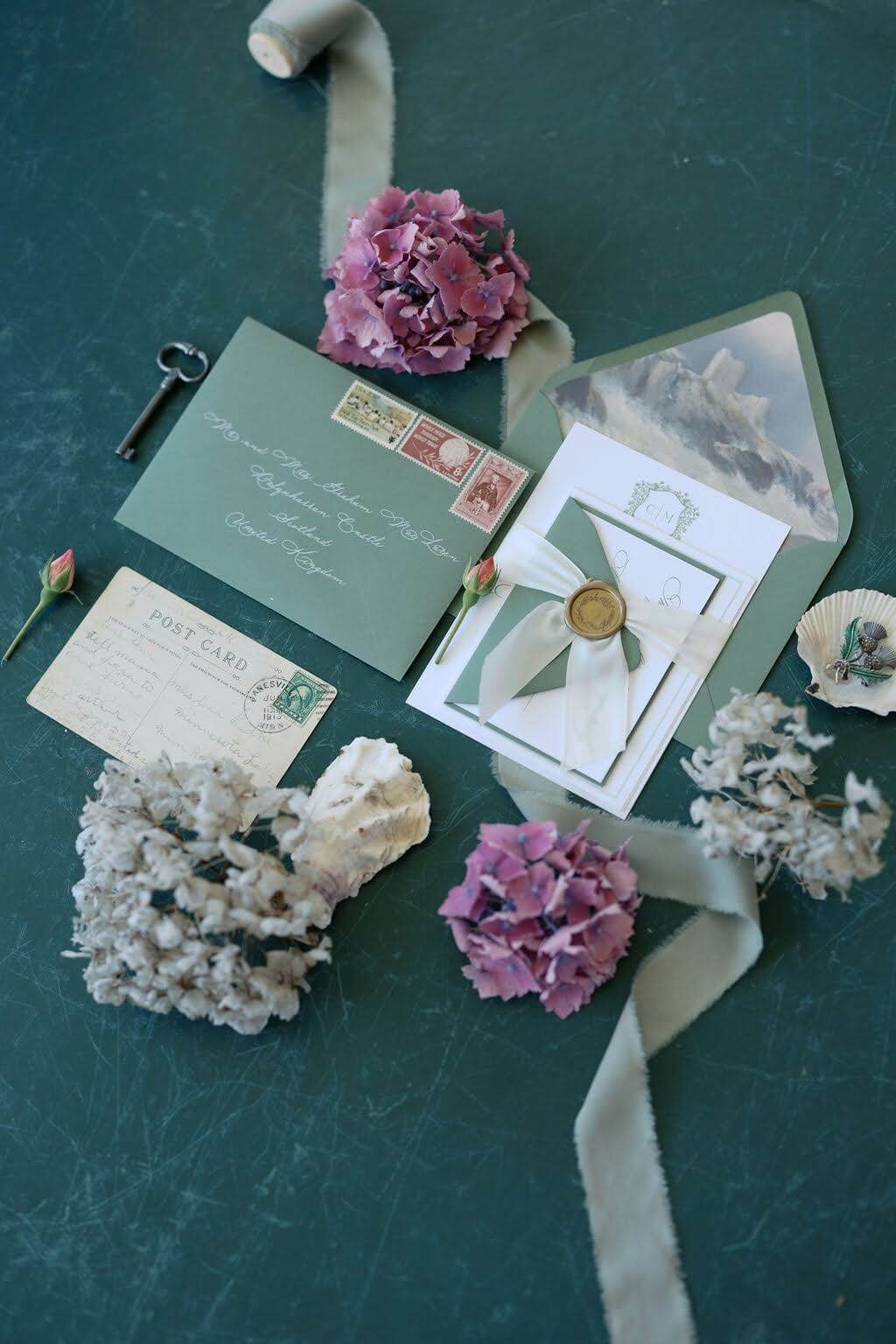 Green wedding invitation suite sealed with a silk ribbon and wax seal, featuring a custom fine art envelope liner of the Scottish coastline