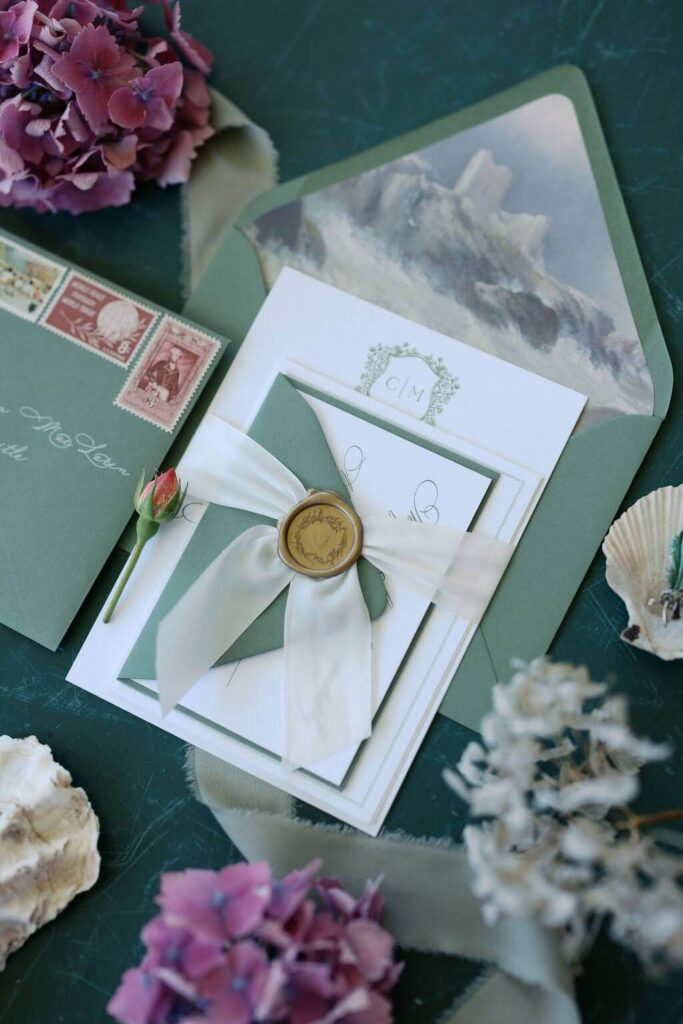 Green wedding invitation suite featuring an envelope liner of a castle on the coast of Scotland