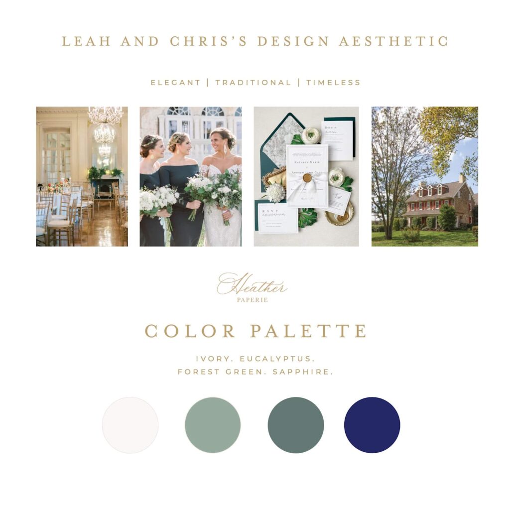 Wedding stationery design board featuring ivory, eucalyptus, forest green, and sapphire