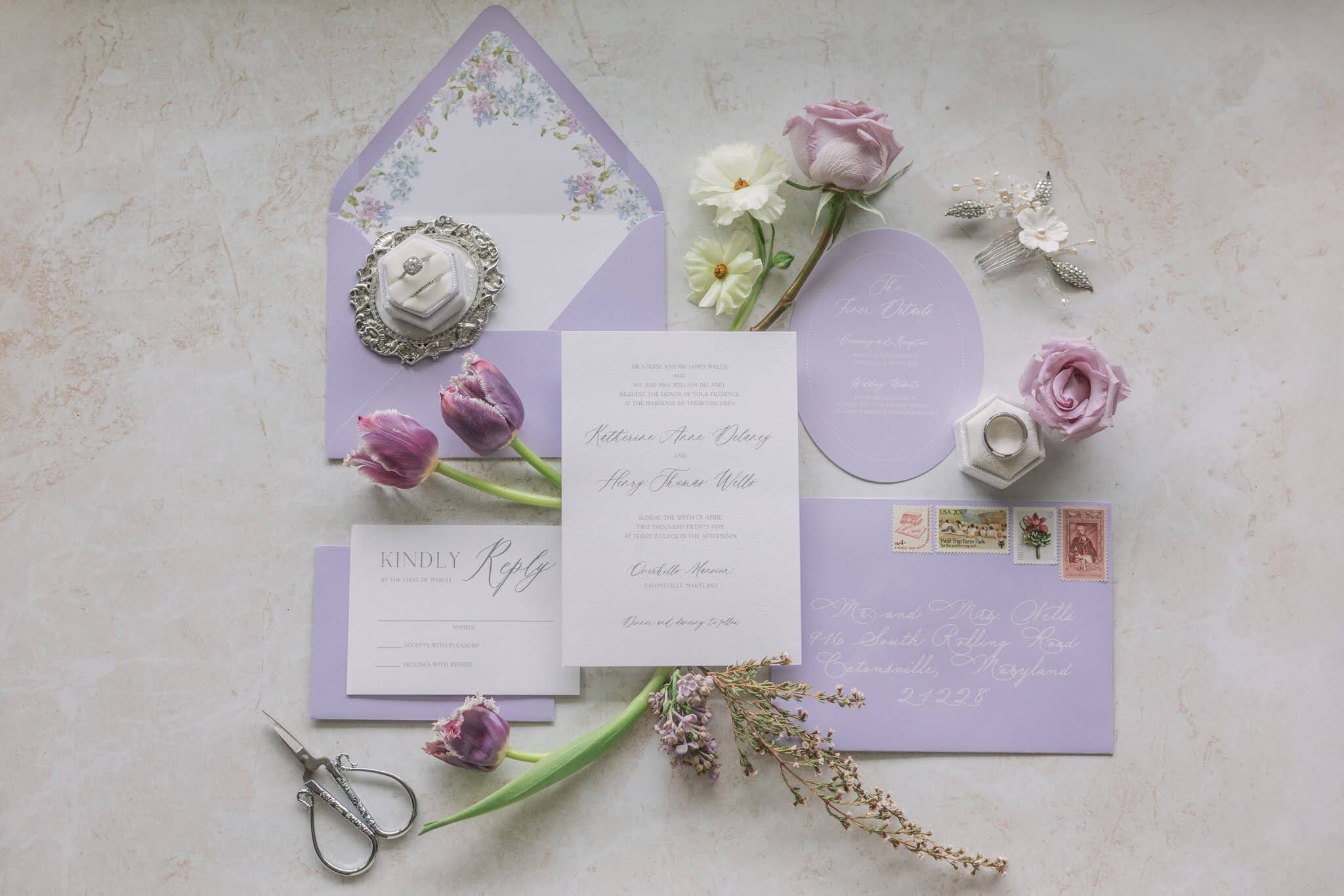 Romantic lilac and white wedding invitation suite with watercolor floral artwork