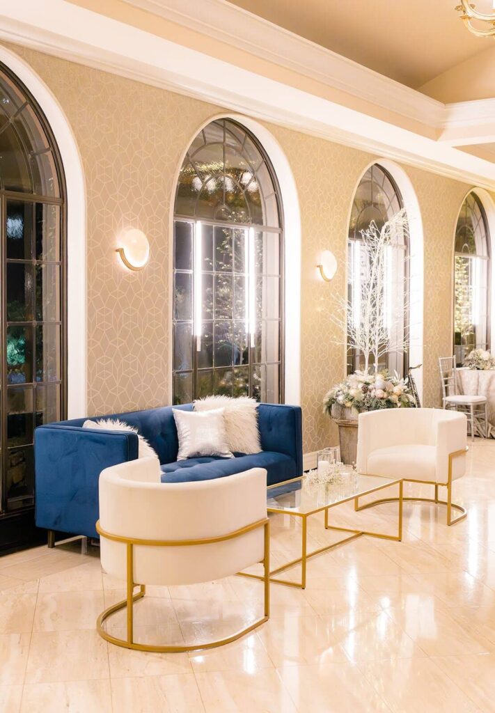 Elegant entryway styled for a winter themed gala in Rosewood Mansion on Turtle Creek