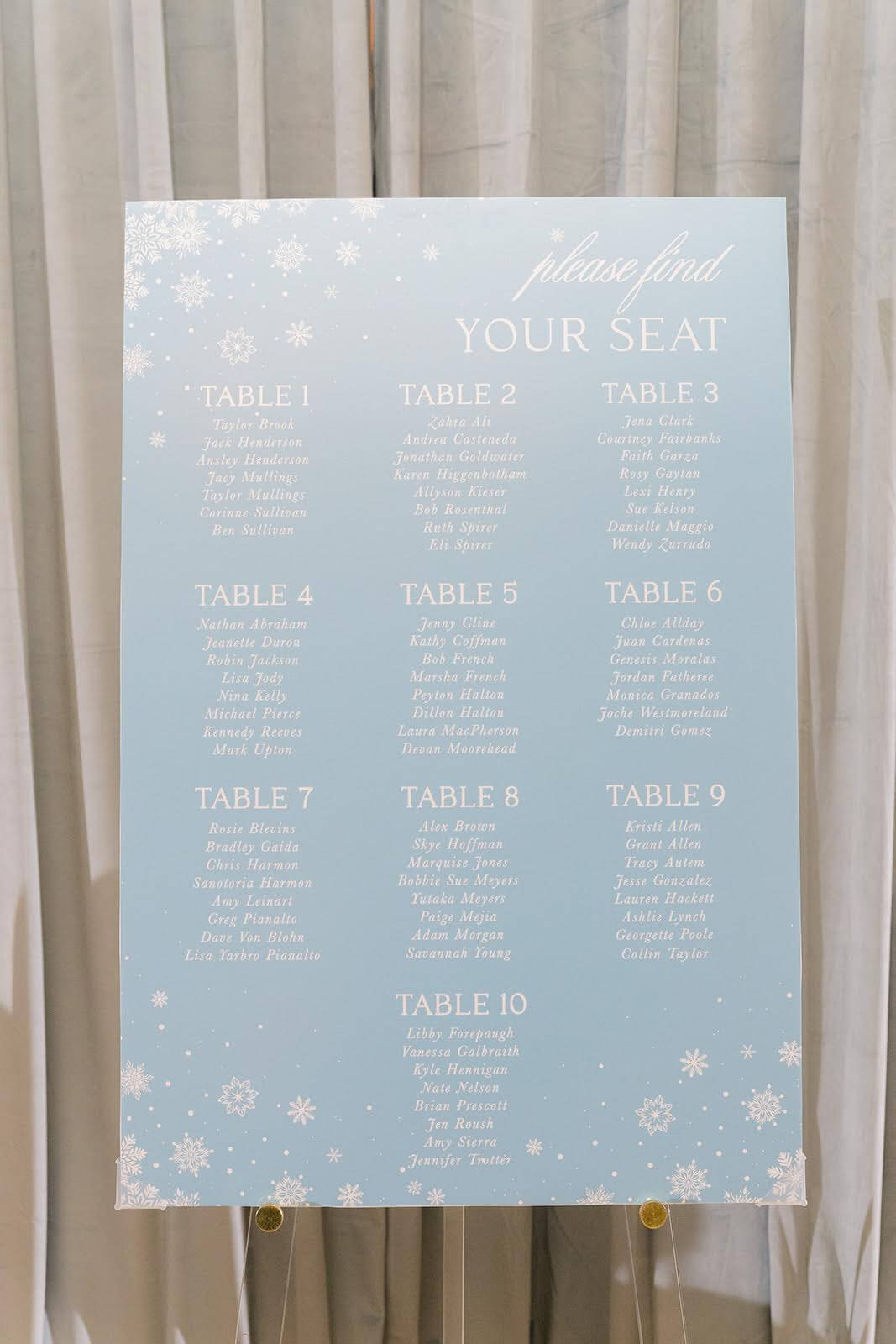 Blue winter themed seating chart for the AACWP holiday party, organized by table