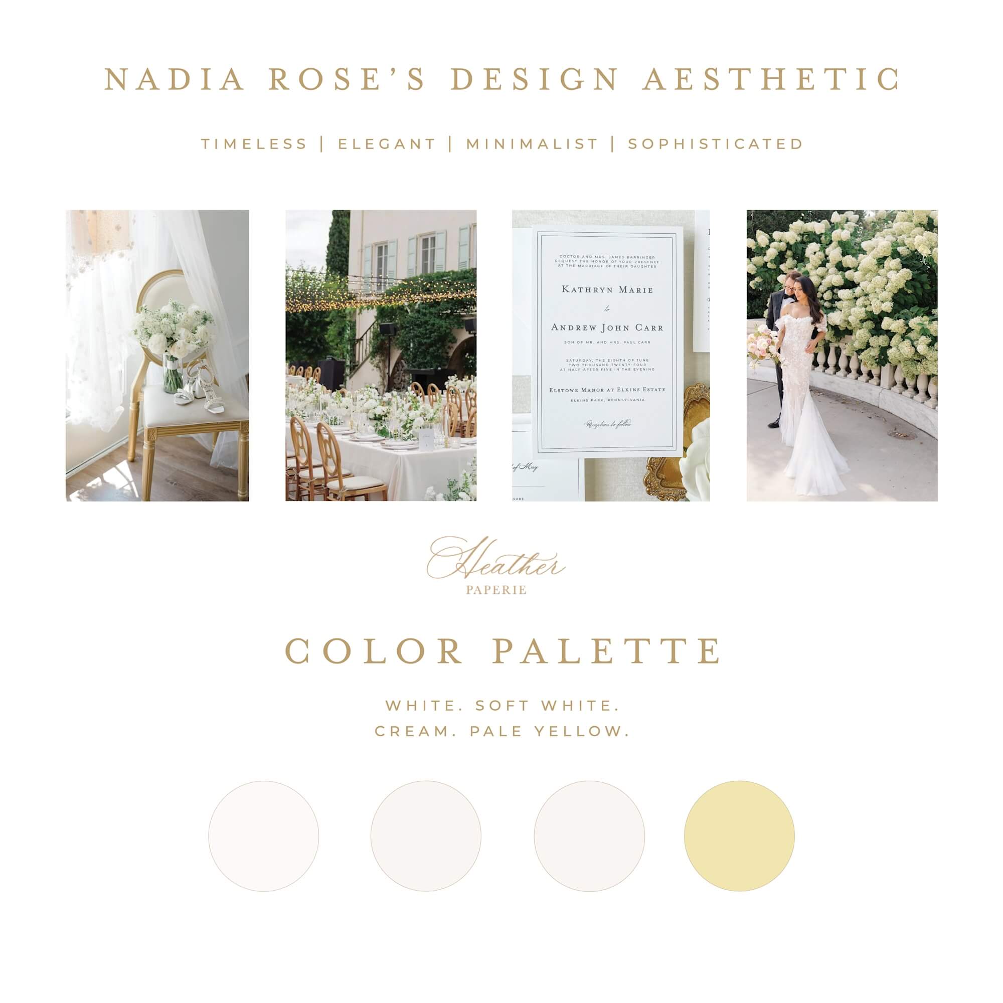 Wedding stationery mood board with a timeless light yellow and white color palette
