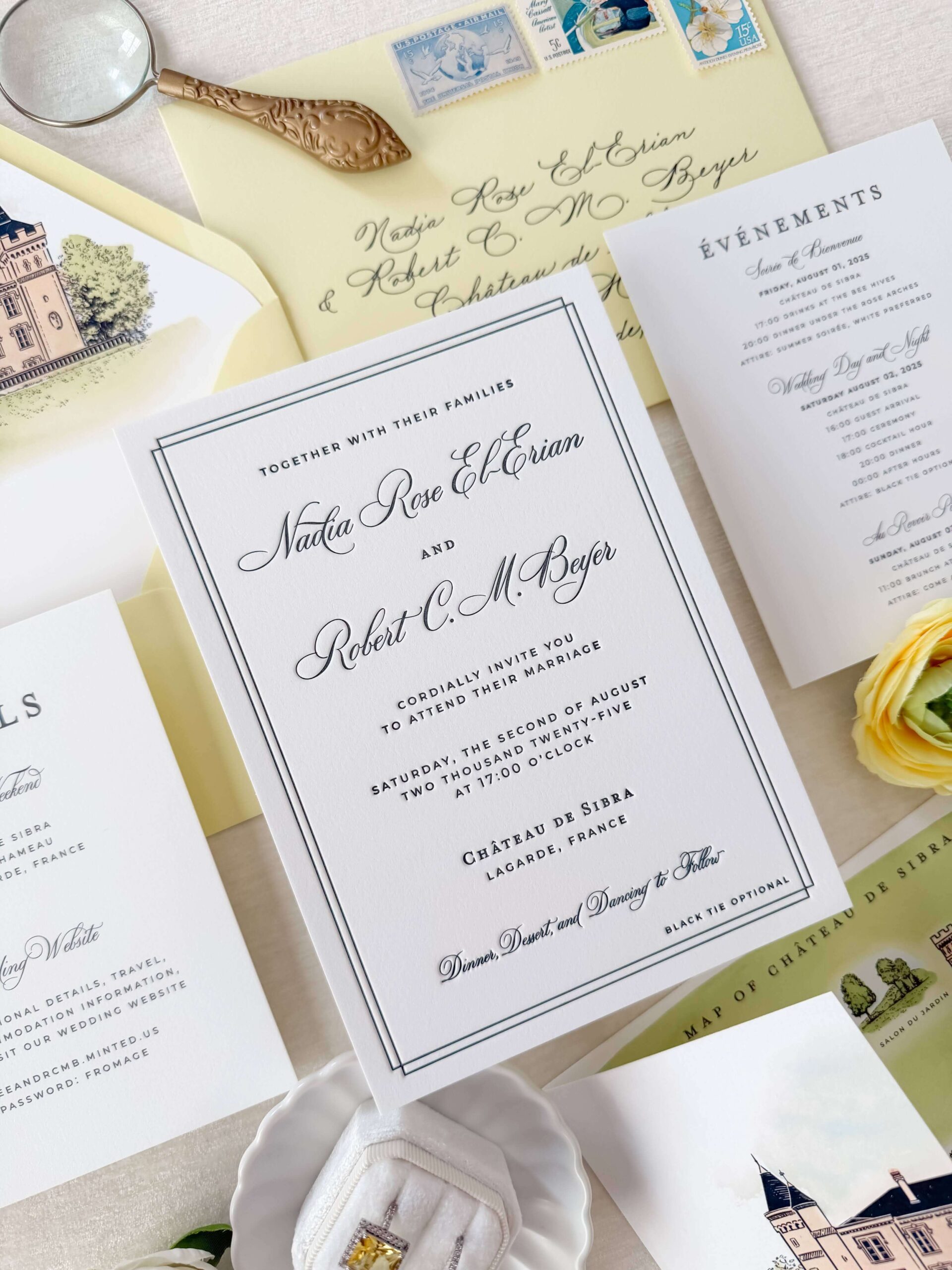 Timeless black and white letterpress wedding invitations and details cards