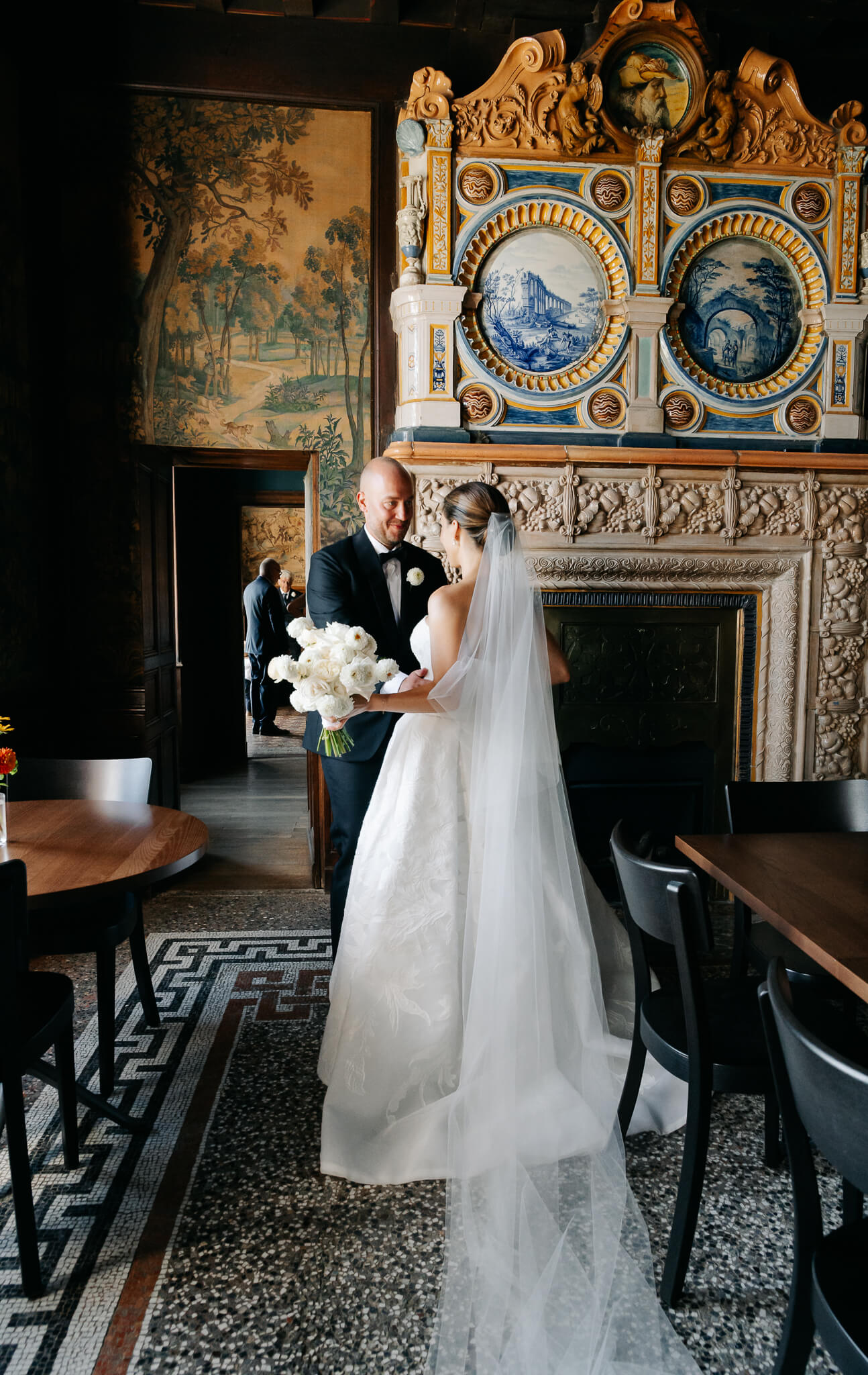 Bride and groom first look in ornate room in Château de Sibra