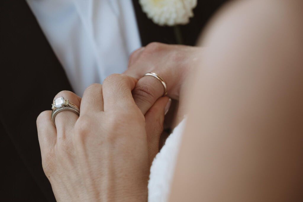 Close up image of bride and groom's wedding rings