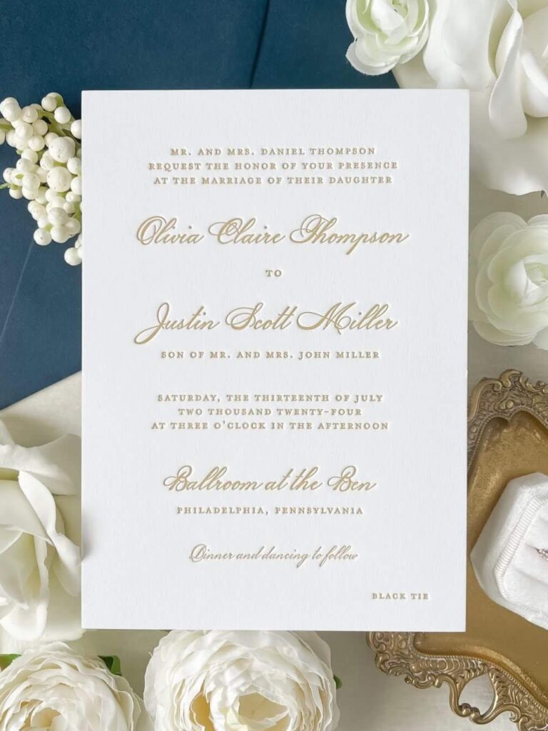 Classic and formal white and gold letterpress wedding invitation suite