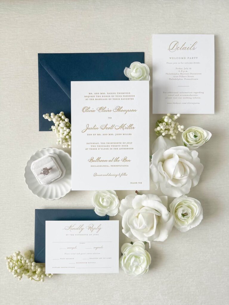 Formal white and gold letterpress wedding invitation suite