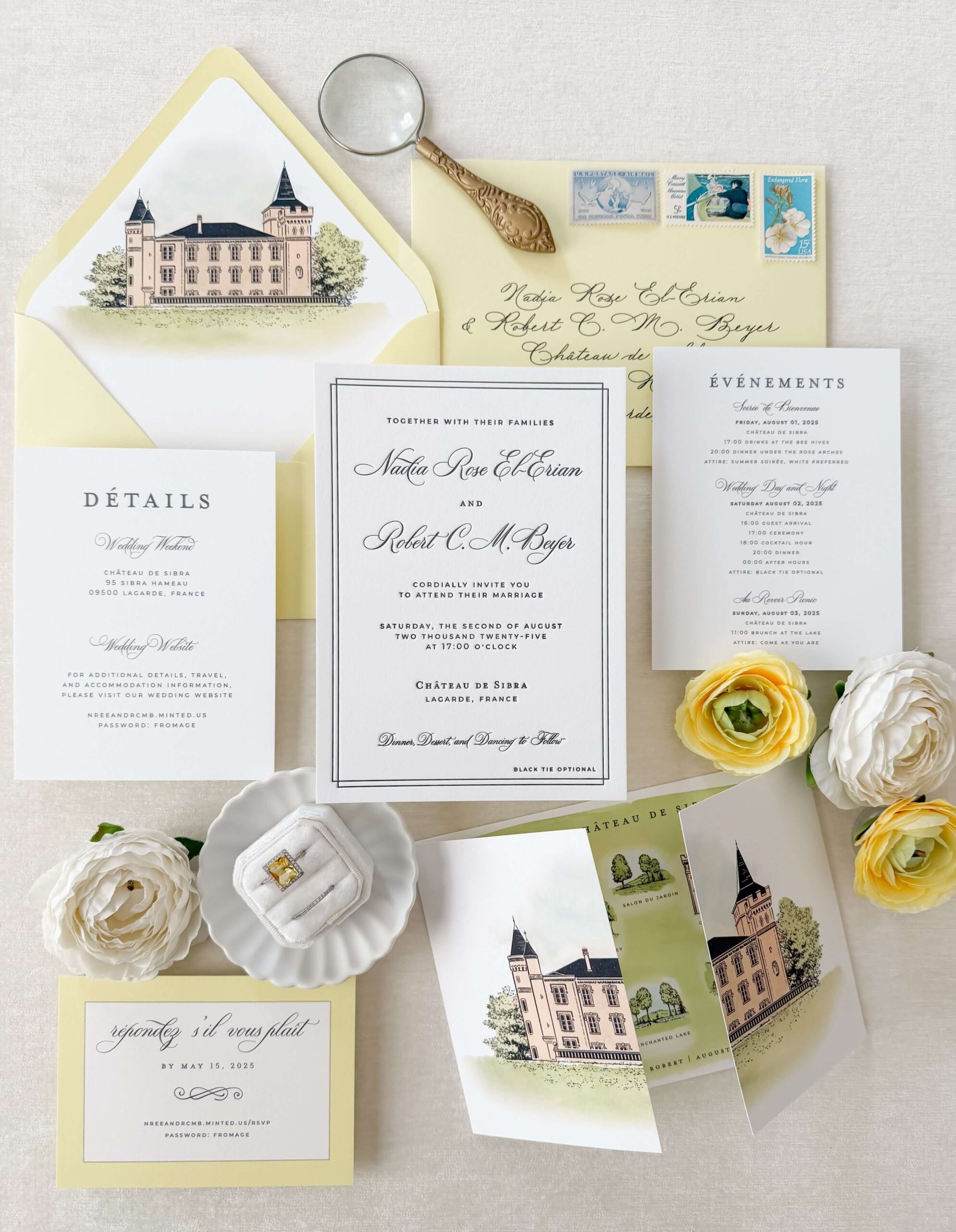Classic black and white letterpress wedding invitations with yellow envelopes and custom watercolor venue artwork