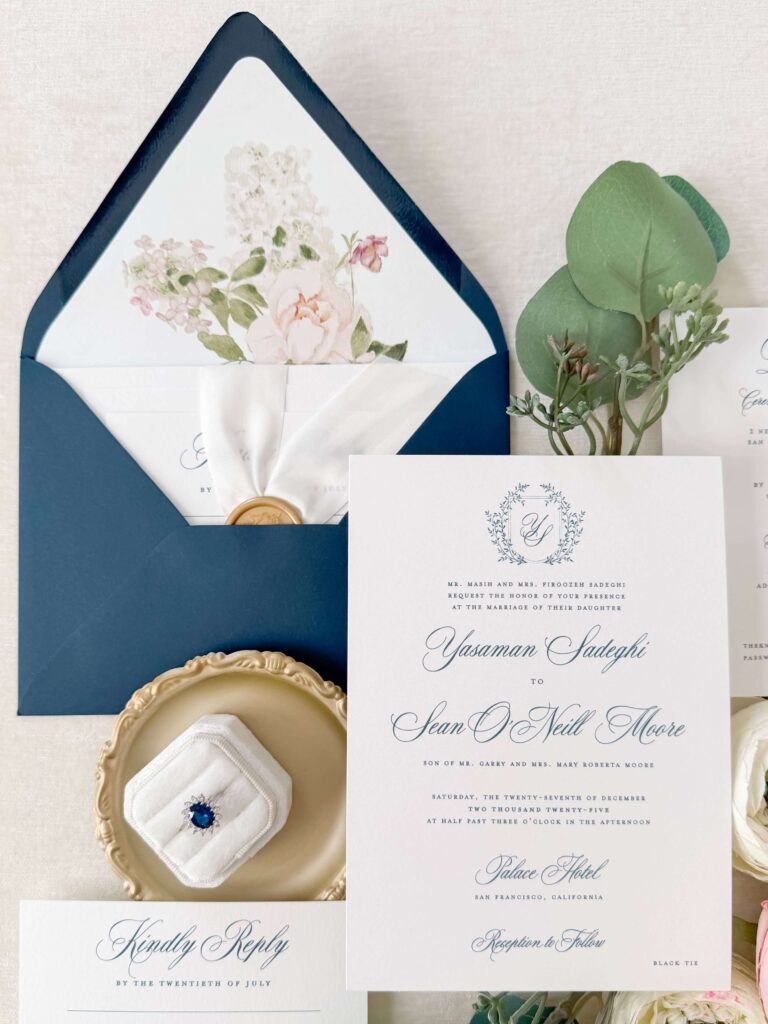 Navy and white formal wedding invitation with navy envelope and fine art floral envelope liner