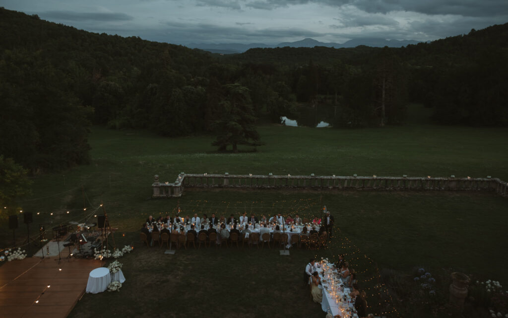 Aerial view of wedding reception tables and grounds at Château de Sibra