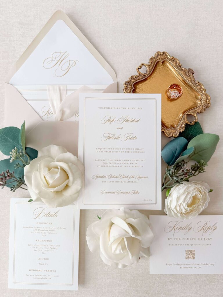 Neutral white and tan wedding invitations for a formal country club wedding