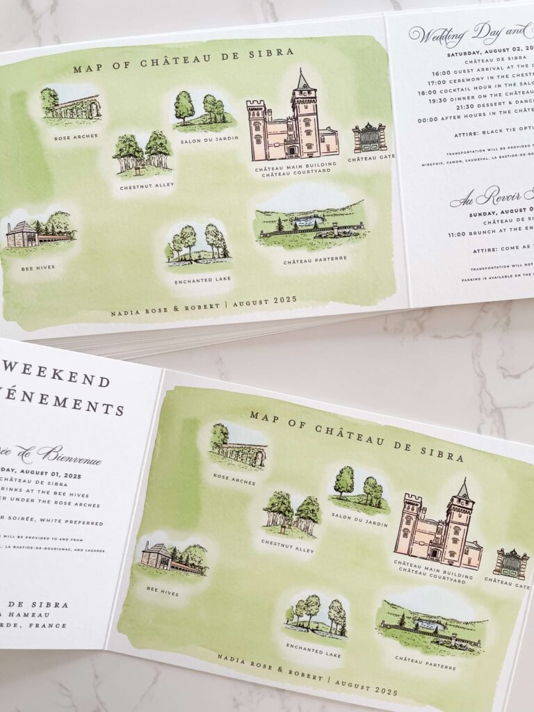 Custom watercolor gatefold map of Château de Sibra in France