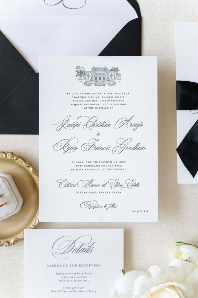 Formal wedding invitation for a black tie wedding at Elkins Estate