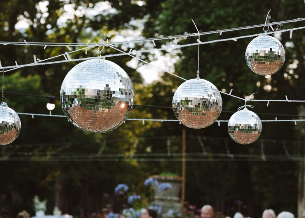 Disco balls suspended above the dance floor