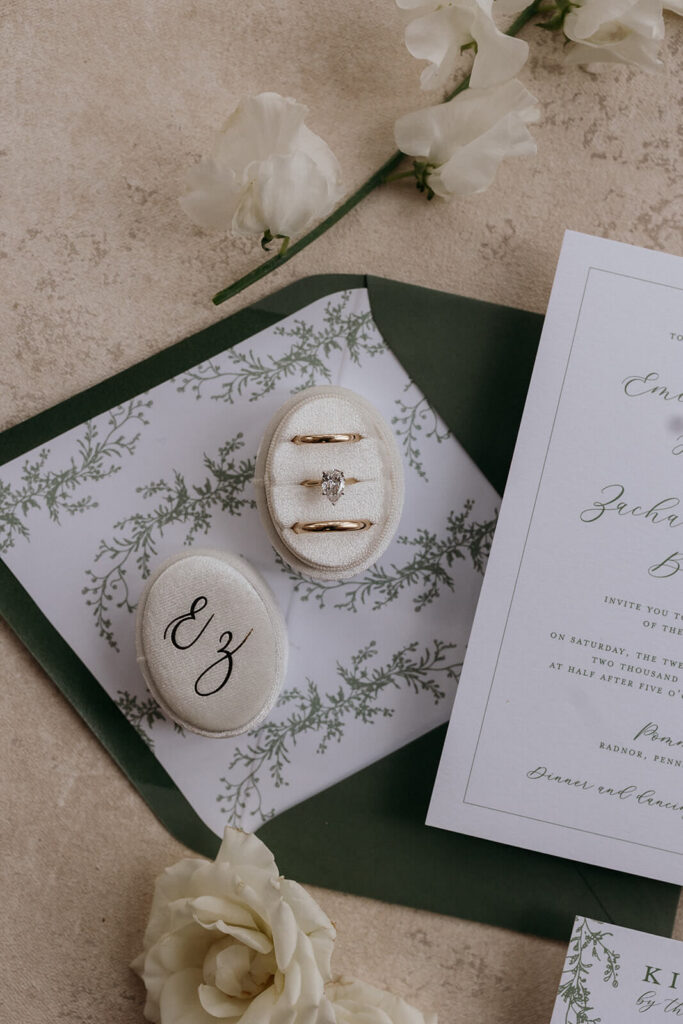 Ring box sits on a green wedding invitation envelope with botanical liner