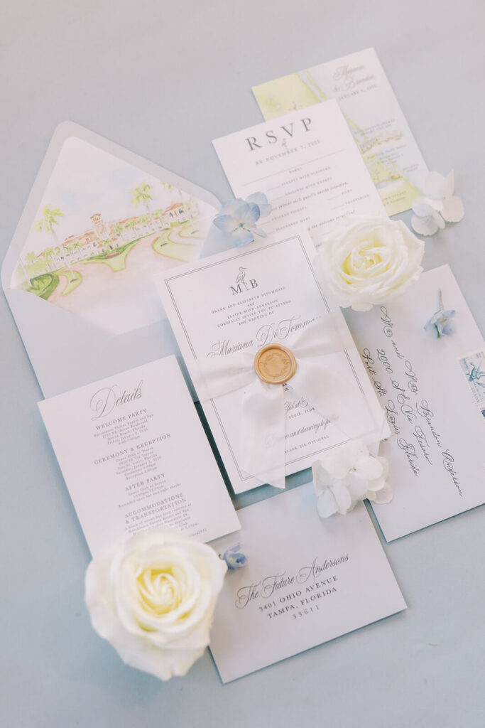 Custom watercolor wedding invitation keepsake suite flat lay