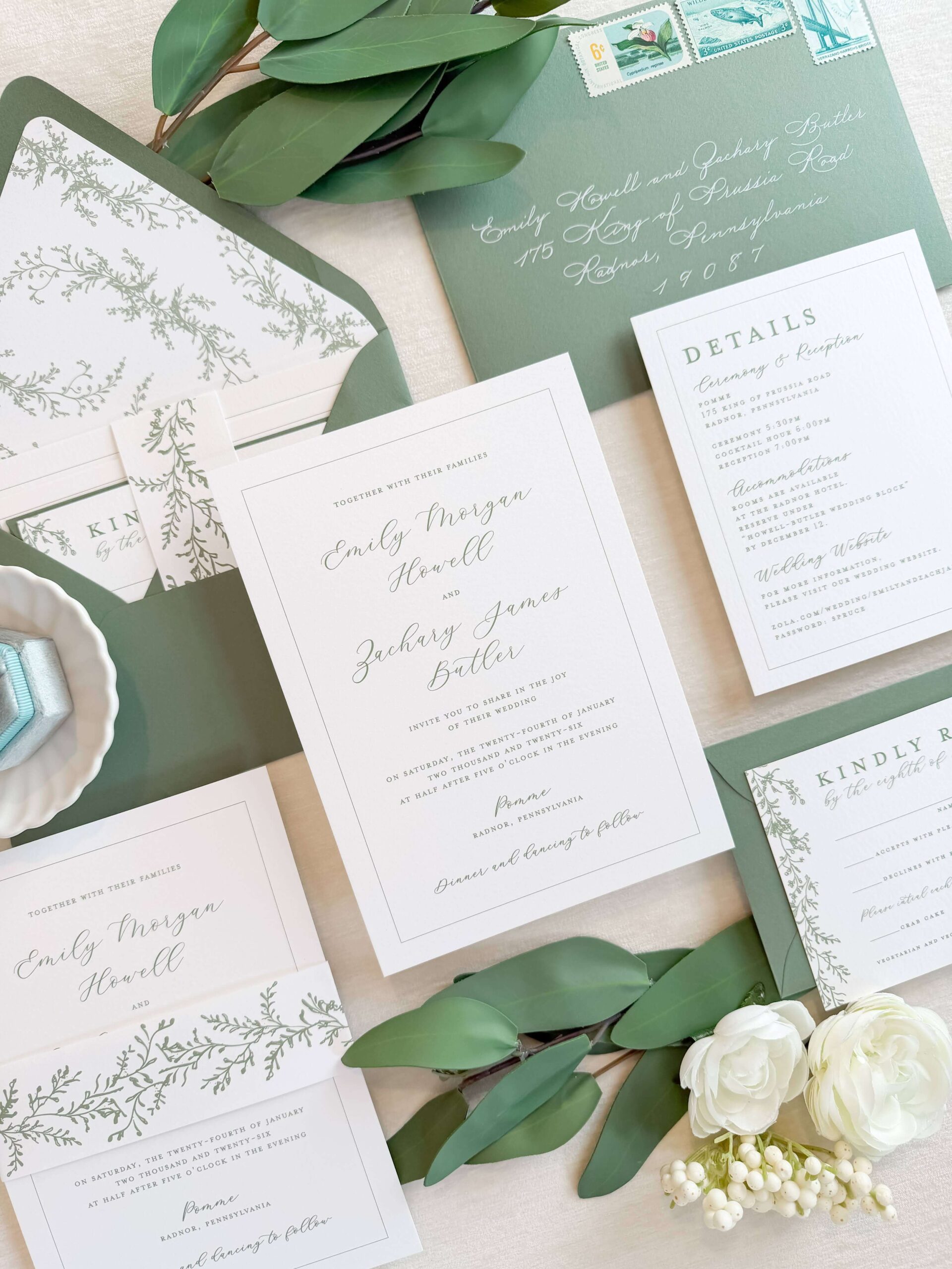 Classic and romantic wedding invitation suite with green font and green envelopes