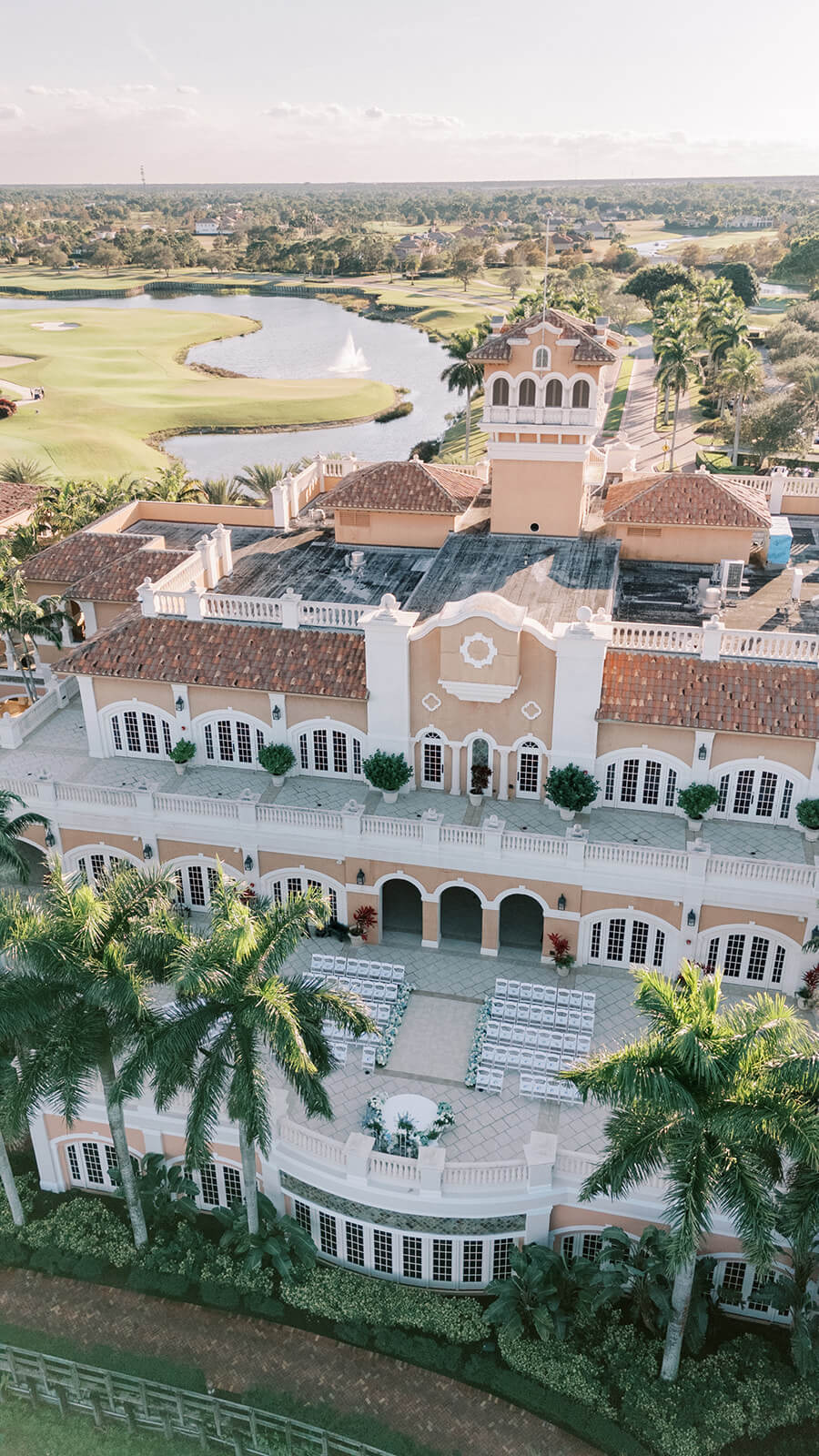Exterior of Crane Club at Tesoro set up for a wedding ceremony