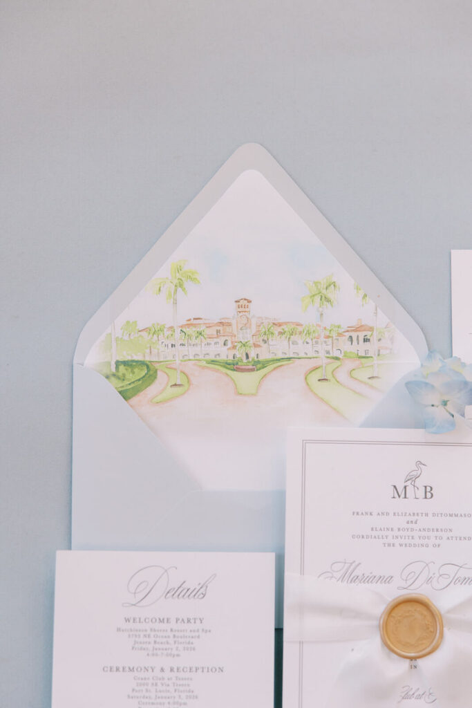 Watercolor envelope liner of Crane Club at Tesoro