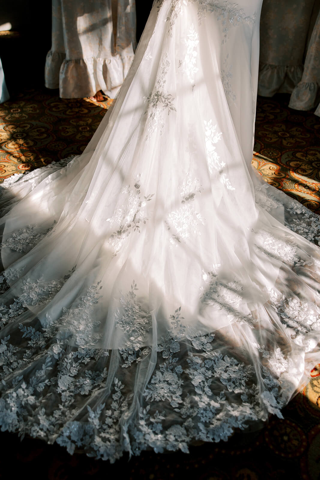 Elegant and ornate bridal train