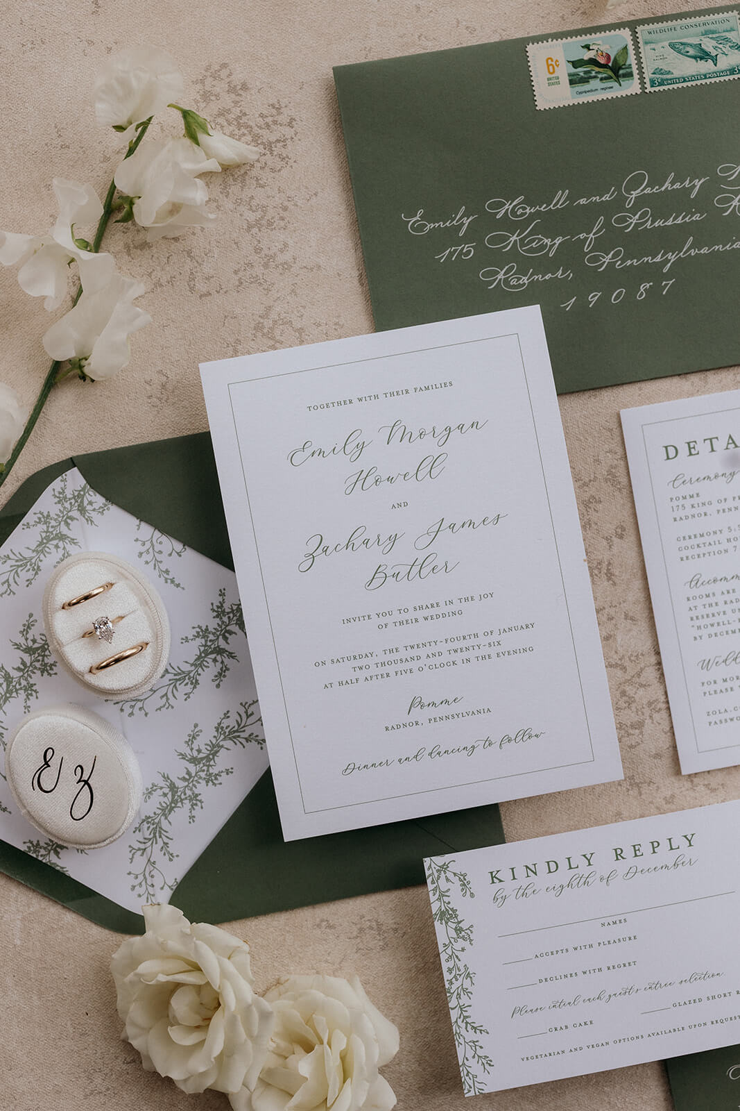 Elegant and romantic wedding invitation suite with greenery artwork